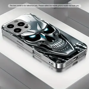 Advanced Silver Personalized Skull Pattern Electroplated Tempered Glass New Phone Case for iPhone 16/16Plus/16Pro/16ProMax/15/15Plus/15Pro/15ProMax Creative Simple Couple Style Full Coverage Anti-drop Reinforced Glass Protective Case