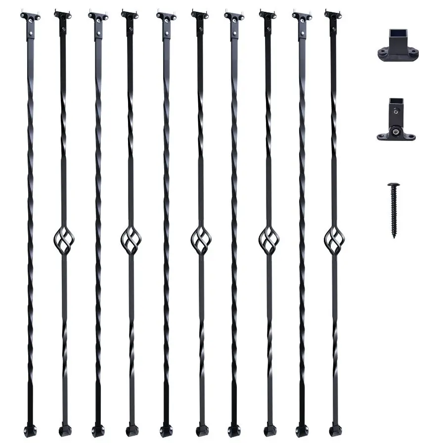 【Summerfinds】 VEVOR Staircase Metal Balusters, 10-Pack 44" Length Galvanized Steel Decorative Banister Spindles with Hollow Single Basket + Spiral Design, Deck Baluster Set with Shoes & Screws