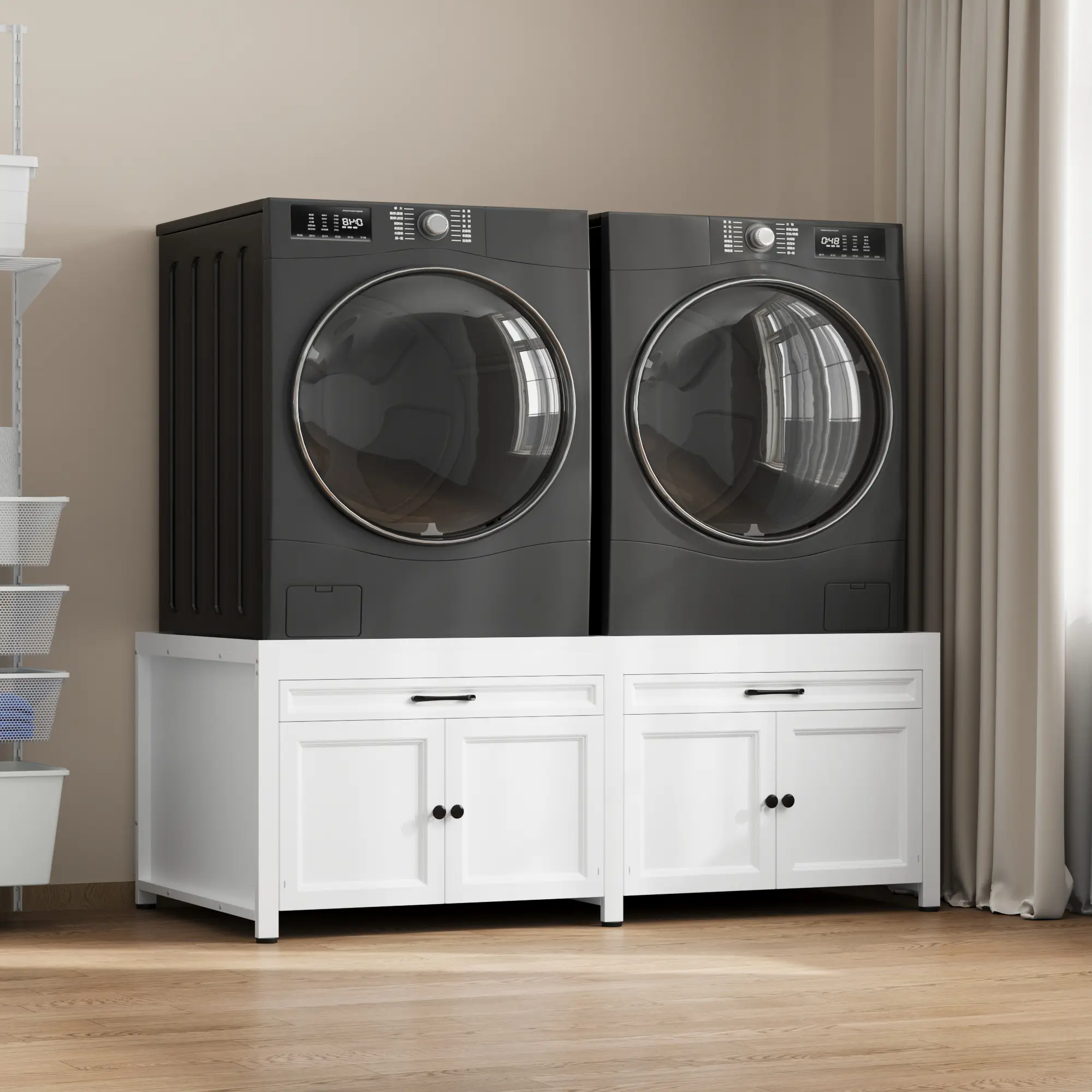 FUFU&GAGA Washer Dryer Pedestal Cabinet with Drawer & Storage Cabinet, Heavy‑Duty Laundry Pedestal Base for Front‑Load Washing Machine and Dryer