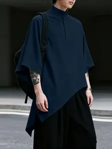 INCERUN Men's Solid Color Asymmetric Hem Half Open Front Stand Collar Three-Quarter Sleeve Shirt, Perfect for Daily Wear, Casual Style