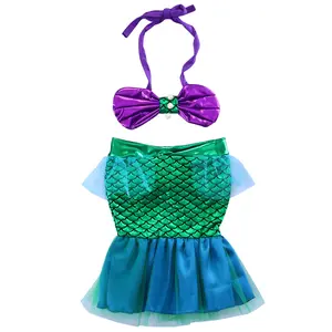 Toddler Baby Girls Bathing Suit Halter Bow Crop Bikini Tops+Green Mesh Mermaid Skirt Swimsuit Kids Clothes