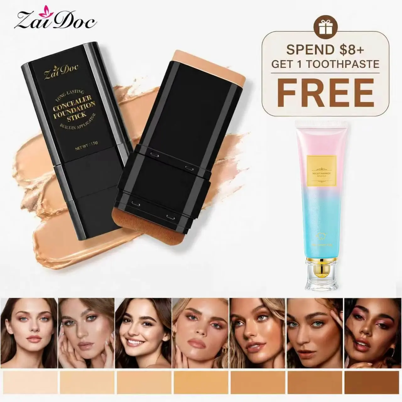 Luminous Dual-Ended Concealer Foundation Stick with Built-in Brushes  24H Long-Lasting Waterproof Sweatproof One-Swipe Even Flawless Base Clear Radiant Skin Foundation Stick