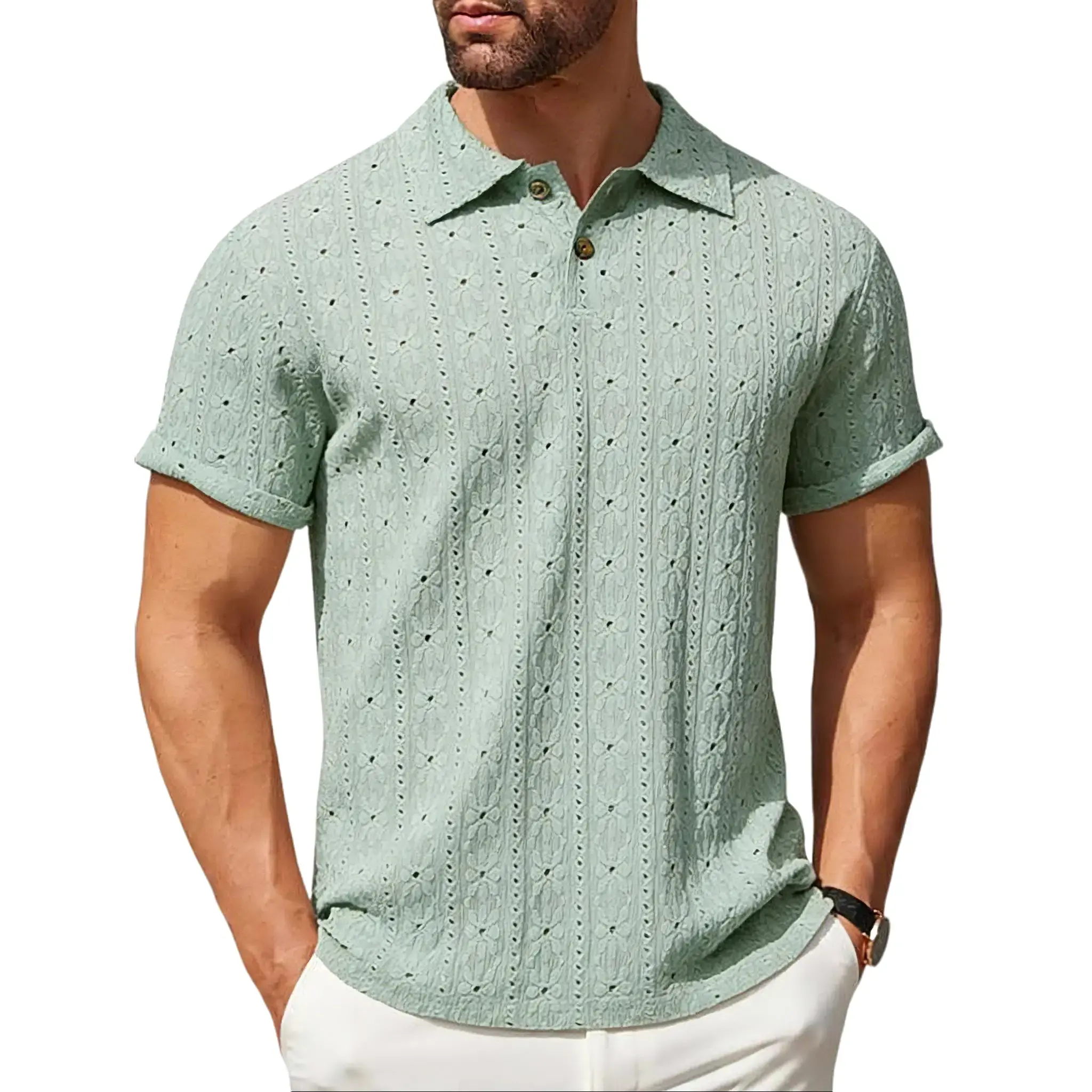 ZAFUL Men's Solid Jacquard Button Shortsleeve Polo Shirt, Regular Fit Casual Short Sleeve Polo Top for Summer, Fashion Men's Clothes for Daily Wear, Men's Clothing, Golf Polo Shirt, Menswear