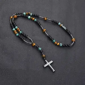 Africa Turquoise Cross Rosary Tiger Eye Beads Vintage Pendant Long Chain Necklace Unisex Sweater Necklace Layering Gift For Him Her Mens Womens Style Jewelry