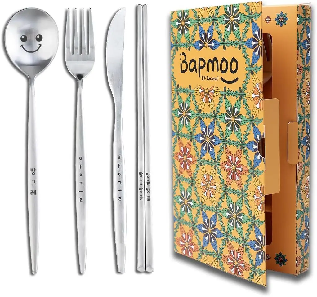 Flatware Cheerful Face Cutlery Set Tableware Engraved Korean Character Hangeul Cute Good for Gift Stainless Steel Metal Reusable Flat Chopsticks