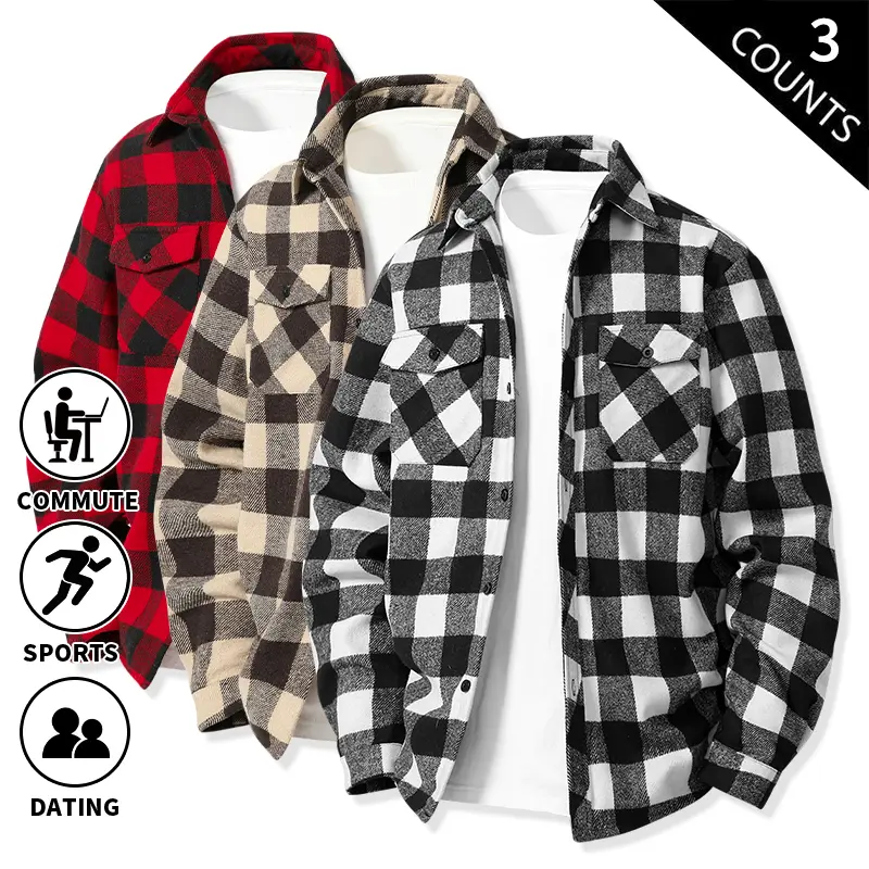 3-Pack Men’s Plaid Checkered Shackets – Long Sleeve Button-Up Shirt Jackets, Casual Loose Fit, Lightweight Outerwear with Dual Chest Pockets, Fashionable Overshirts