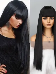 Long Straight Remy Hair Wigs, Natural Heat Resistant Fiber, Full Machine Wig with Bangs, Cosplay Party Wig for Fashion Women