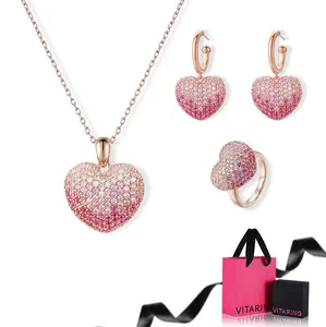 VITARING Valentine’s Day Heart-Shaped Set Rose Gold Plated Zirconia-Stone Necklace, Ring, and Earrings Fashionable Gift for Lovers, Best Friends, and Friends