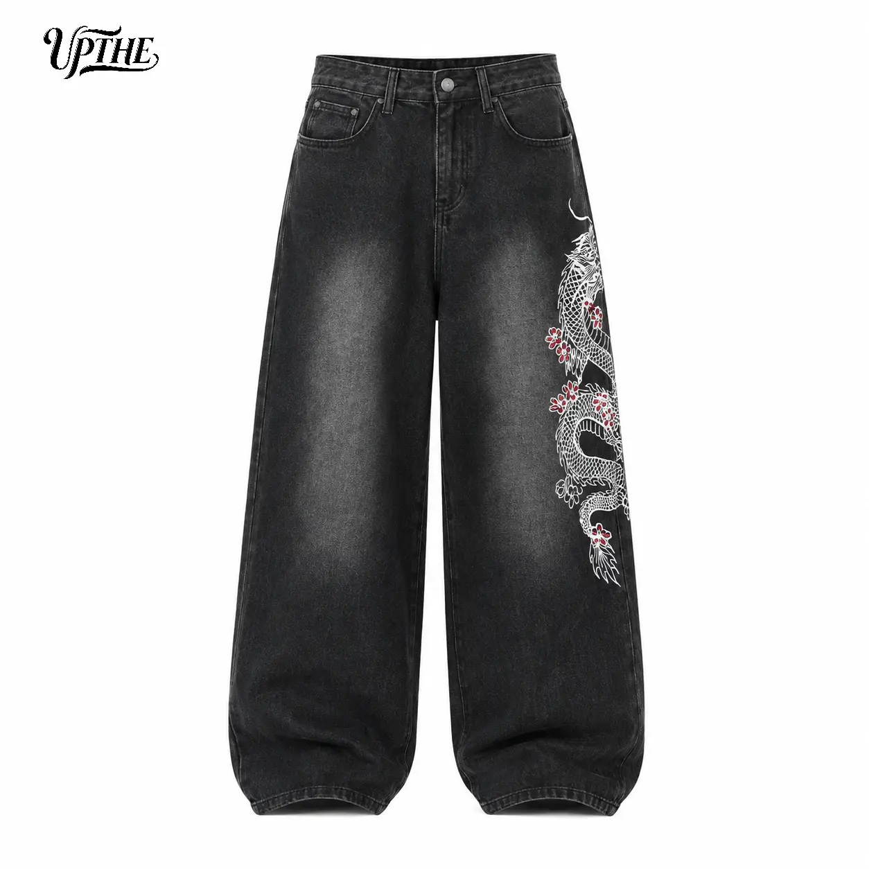 UP.THE Oriental Dragon & Cherry Blossom Side Embroidery Oversized Wide Leg Baggy Black Washed Jeans Men Vintage Gradient Fade Stacked Denim Pants Y2K Asian Hip Hop Skater Streetwear Daily Casual Outfit