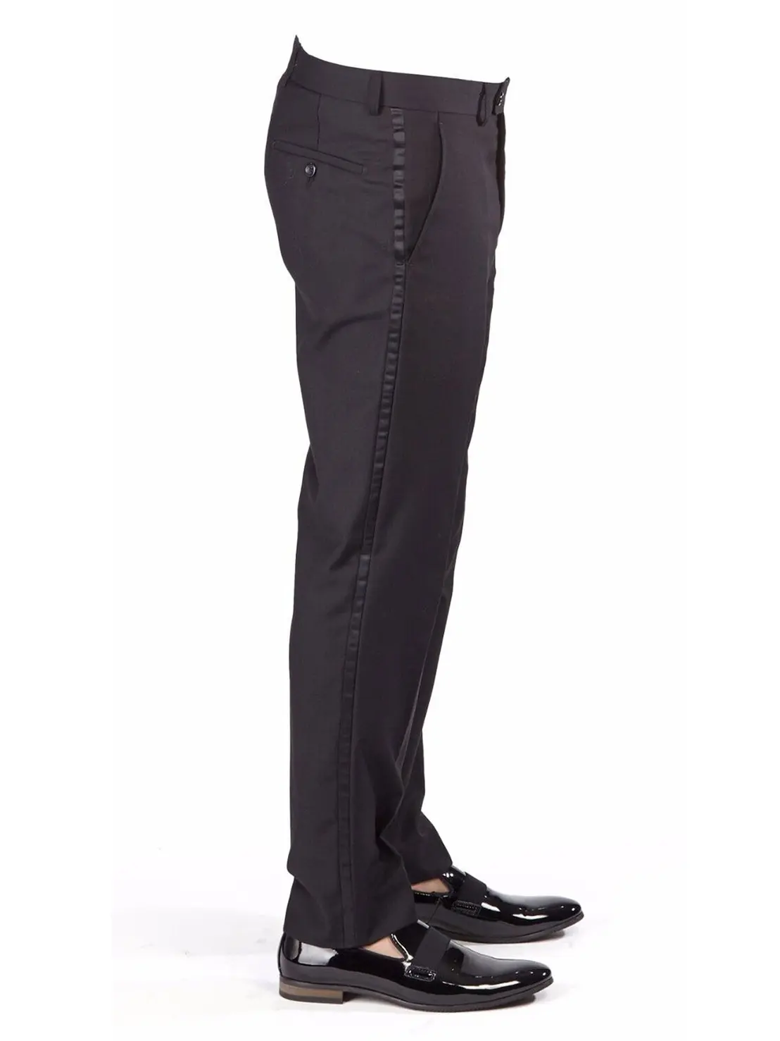 Slim Fit Black Tuxedo Pants Satin Side Line Flat Front No Pleats Formal Wedding Trousers