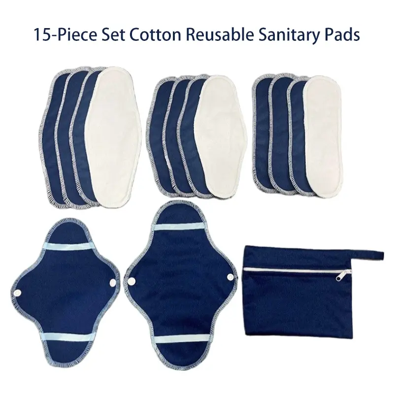 15 piece set of reusable feminine hygiene products for international aid, menstrual washable sanitary pads, absorbent reusable pads, and physiological pads