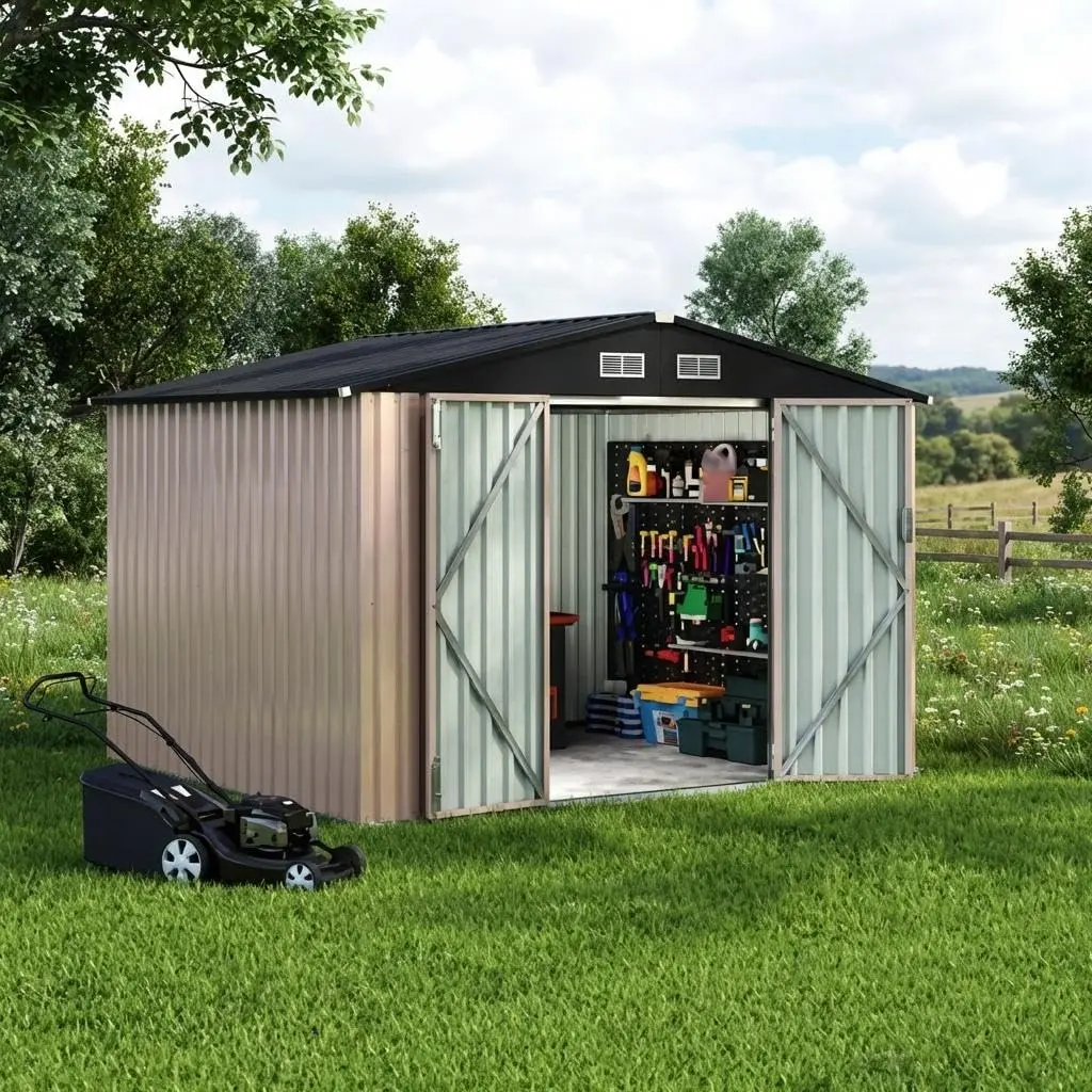 Galvanized Steel Heavy-Duty 6x8x6.4 ft Prefab Shelter Garden Building - Lockable Doors (Locks Out Animals), Air Vents, Sloped Roof, Large Garden Tool Capacity, 2 Pairs of Gloves, 2-4 Adults Assembly, Single Box, Backyard/Patio Use, Ventilated Space
