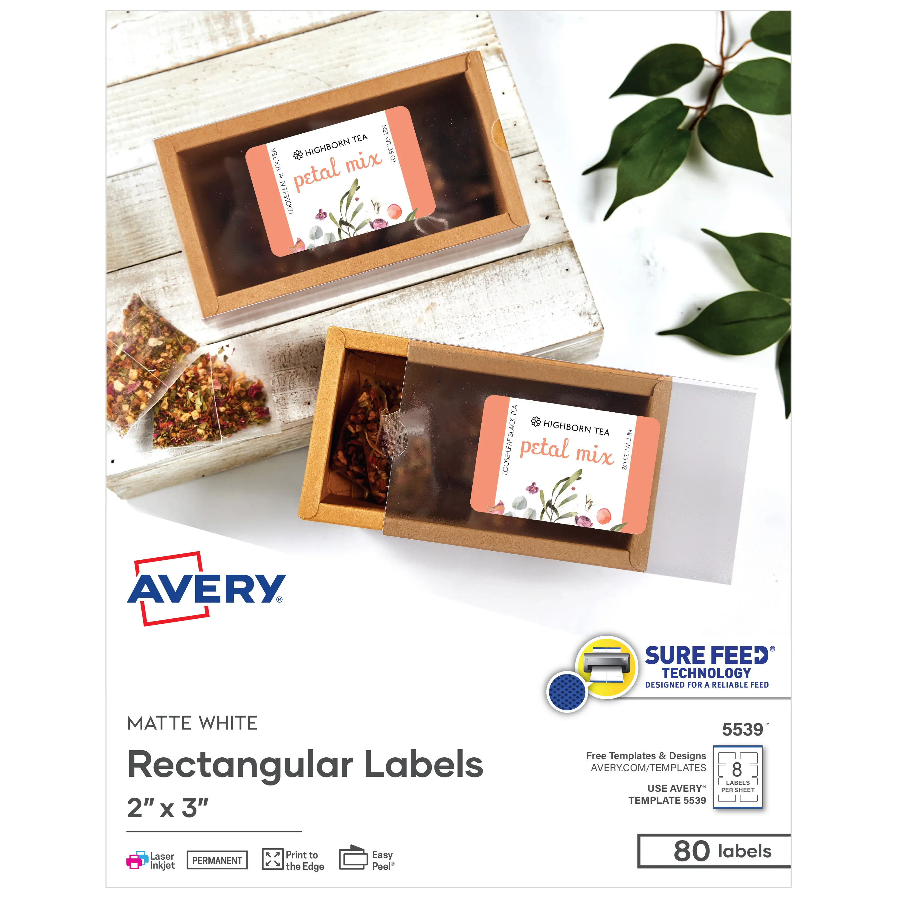 Avery Printable Rectangular Labels with Sure Feed, 2" x 3", Matte White, Permanent Adhesive, Laser & Inkjet Printers, 80 Blank Labels (5539)