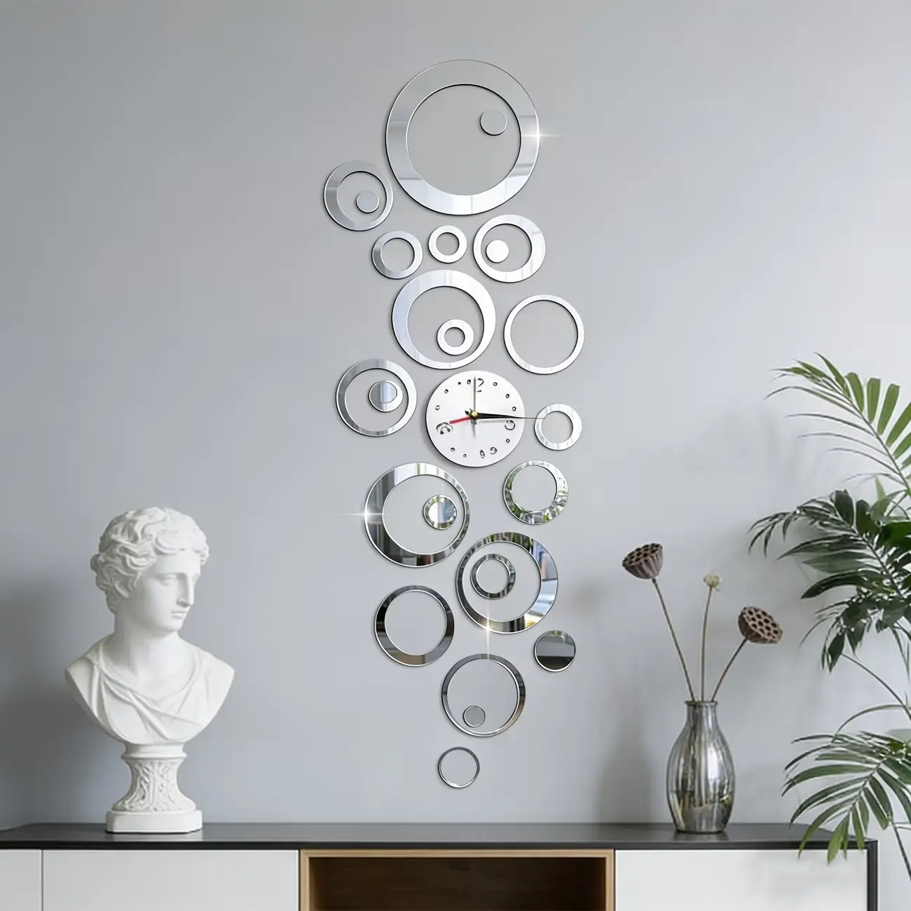 48PC， Silver hollow circular acrylic mirror wall sticker, suitable for home decoration, living room, bathroom, bedroom background wall decoration, home decoration lintel decoration, DIY detachable wall sticker