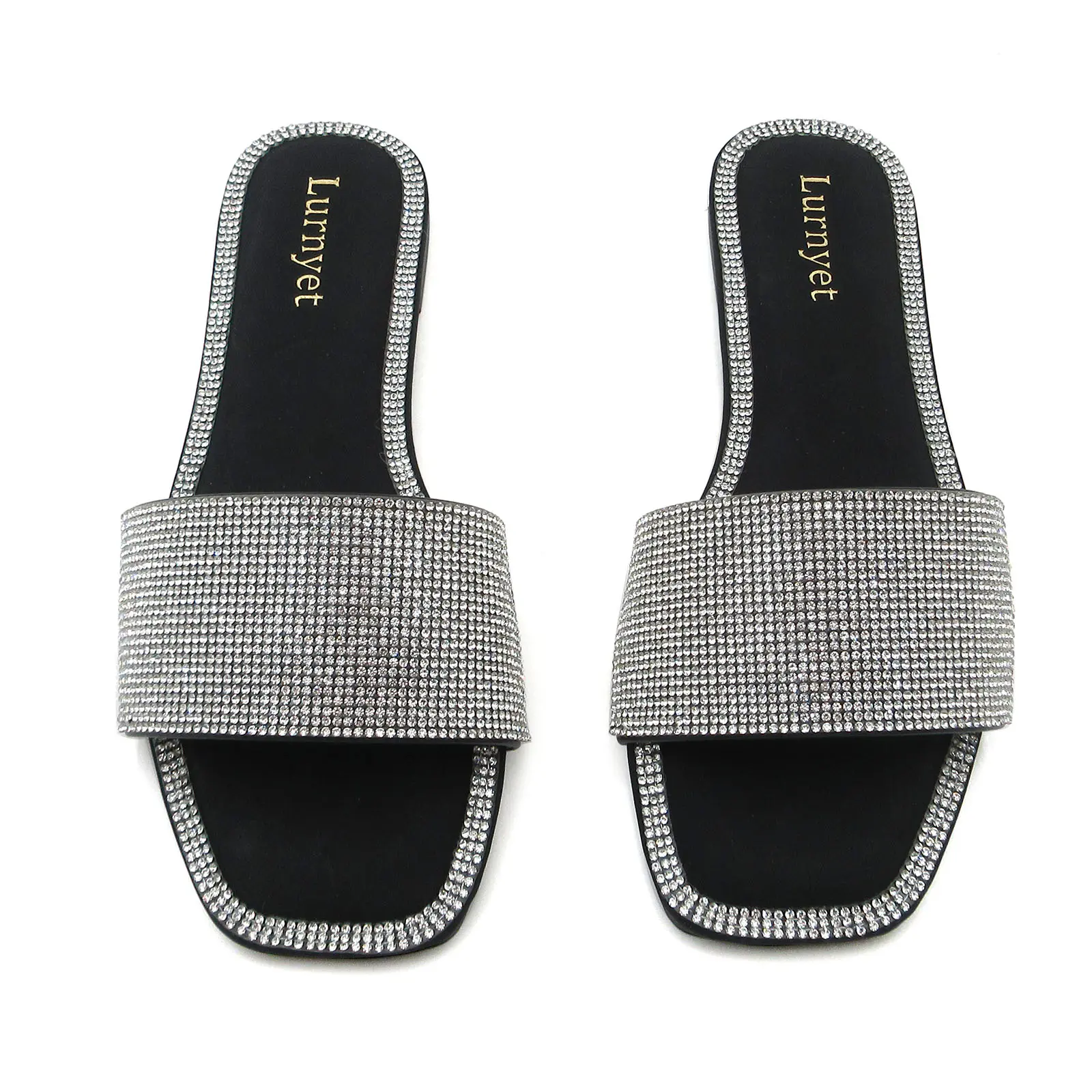 Women's Glitter Bling Square Toe Slide Sandals - Low Wedge Elegant Cute Footwear, Glitter Finish Sequins Shiny Slip-Ons, Soft Low-Profile Daily Walking Shoes, Elegant Sandals, Cute Sandals Summer fur slides slides for women
