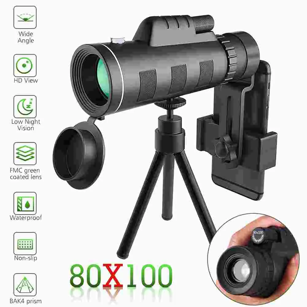 Unisex 80x100 BAK4 Spotting Scope Telescope, HD Waterproof Monocular Outdoor Gear with Aluminum Tripod, Smartphone Adapter, Weatherproof Carry Case for Hiking, View Birds