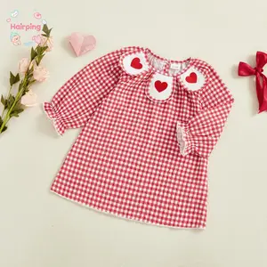 Baby Girl Valentine's Day Dress - Red Gingham Long Sleeve Dress with Heart Applique, Ruffled Cuff Casual Dress for Toddler Newborn, Holiday Photo Shoot & Daily Wear