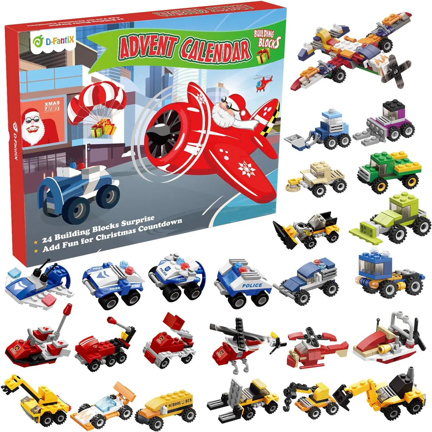 D-FantiX Christmas Advent Calendar 2026, Building Advent Calendar Countdown to Christmas with Vehicles Pull Back Cars Construction 24 Days Count Down Gift