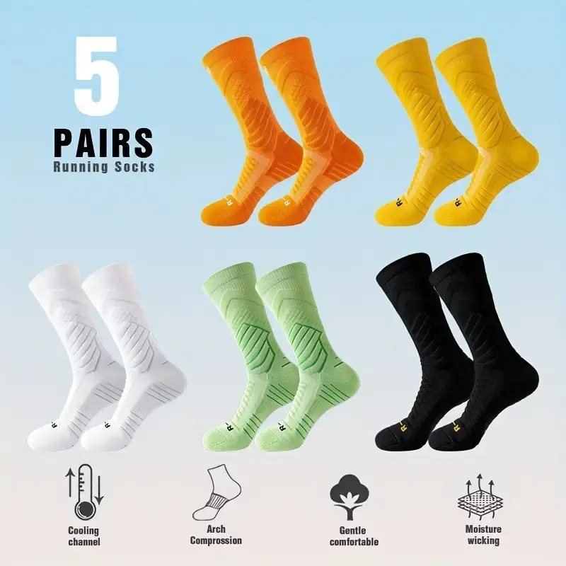 Mqamex Adults' Cotton Crewsocks (5-Pair, Size 9-12) - Cotton Jacquard, Cushioned Knit, Moisture-Wicking, Anti-Skid, Breathable, Arch Support, Shock Absorption Sports Socks for Basketball, Running, Machine Washable