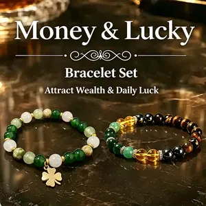 Money & Lucky Bracelet Set - Attract Wealth,Abundance and Prosperity -1Pcs Lucky Money Bracelet w/ Black Onyx & Tiger's Eye + 1Pcs Lucky Attraction Bracelet w/ Green Aventurine & Agate Beads