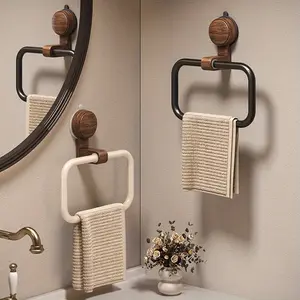 No Drill Suction Cup Bathroom Towel Rack - Vintage Walnut Finish Aluminum Round Ring Design, Space-Saving Adhesive Mount for Bathroom Organization (No Screws Needed), Bathroom Towel Holder, Nodrill Installation, Chinese Design Style, Durable Construction