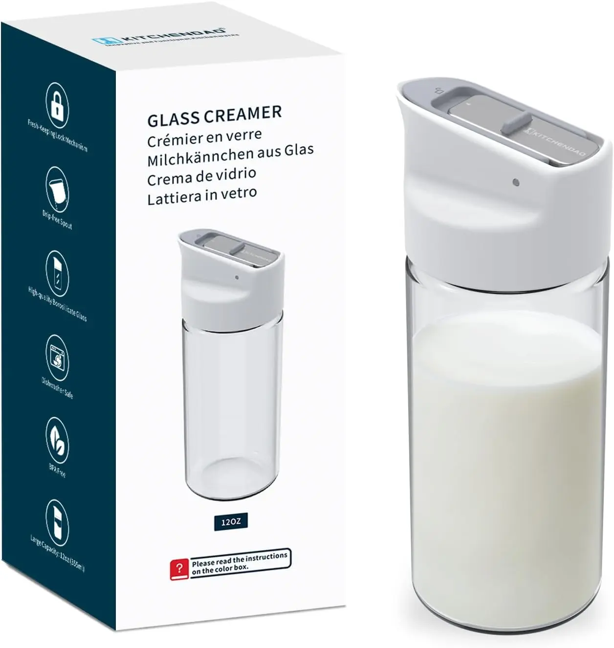 KITCHENDAO 12 oz Borosilicate Glass Creamer Dispenser with Fresh-Keeping Lock Mechanism, Drip-Free Spout, Lid, Stainless Steel Accents, Dishwasher Safe, Ideal Home Storage Gift, Silicone, Modern