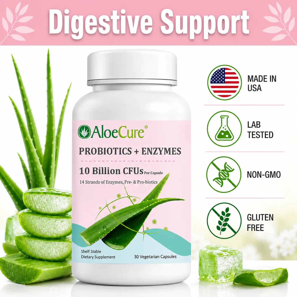 AloeCure Probiotics + Enzymes for Digestive Health 10 Billion CFU 30 Capsules Organic Aloe Vera & Bromelain Digestive Support