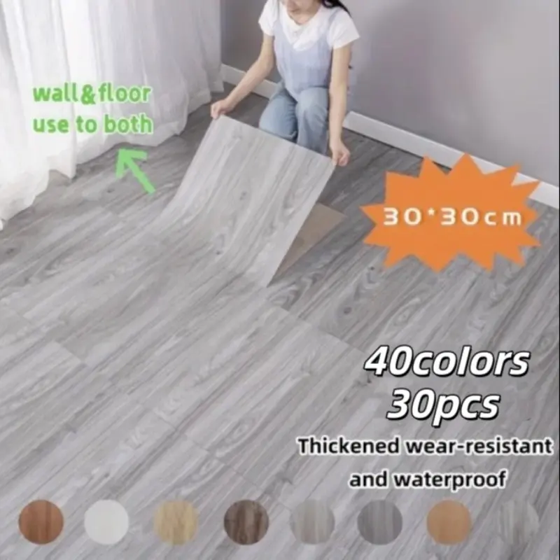30 Pieces Self-Adhesive Wall & Floor Tiles, Easy Peel & Stick Install, Wood Marble Pattern with Aluminum Foil, 11.81x11.81 Inches, Living Room Bedroom Office, Wood Flooring Tiles