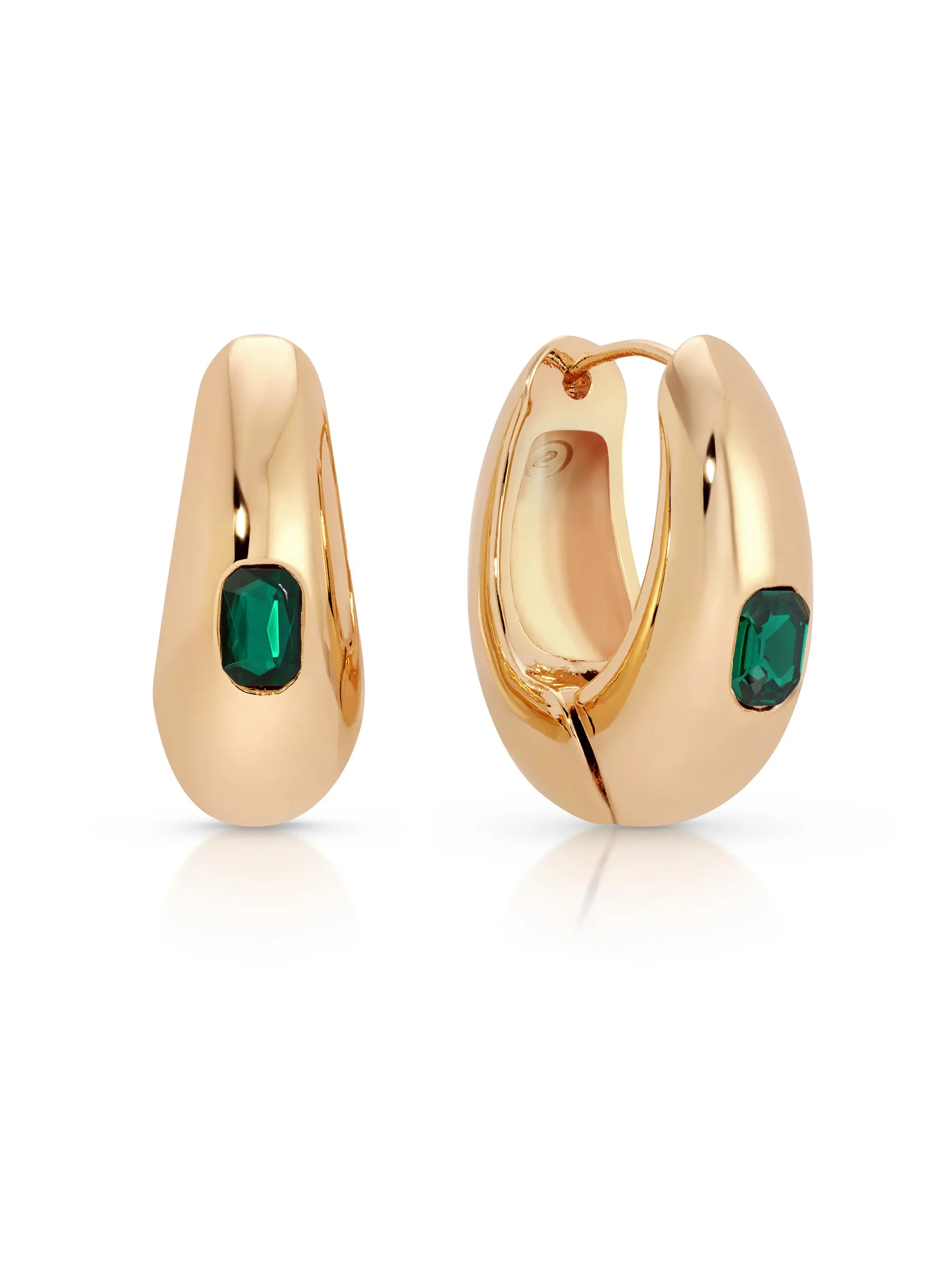 Emerald Deco Hoops – 18K Gold Plated Hoops with Emerald Cut Crystal | Minimalist Statement Earrings for Women