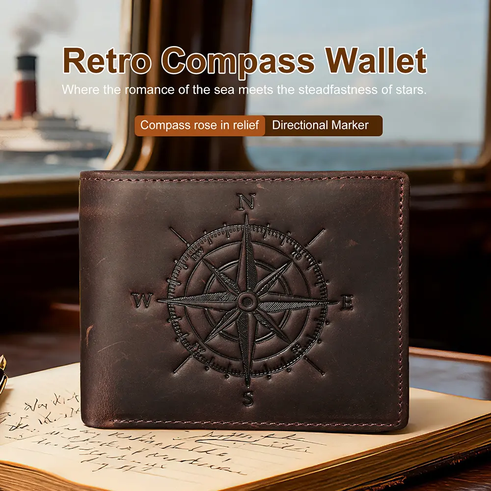 Genuine Cowhide Men's Bifold RFID Wallet Compass Pattern Large Capacity Multi Card Slots Father's Day Gift For Husband Father Daily Casual