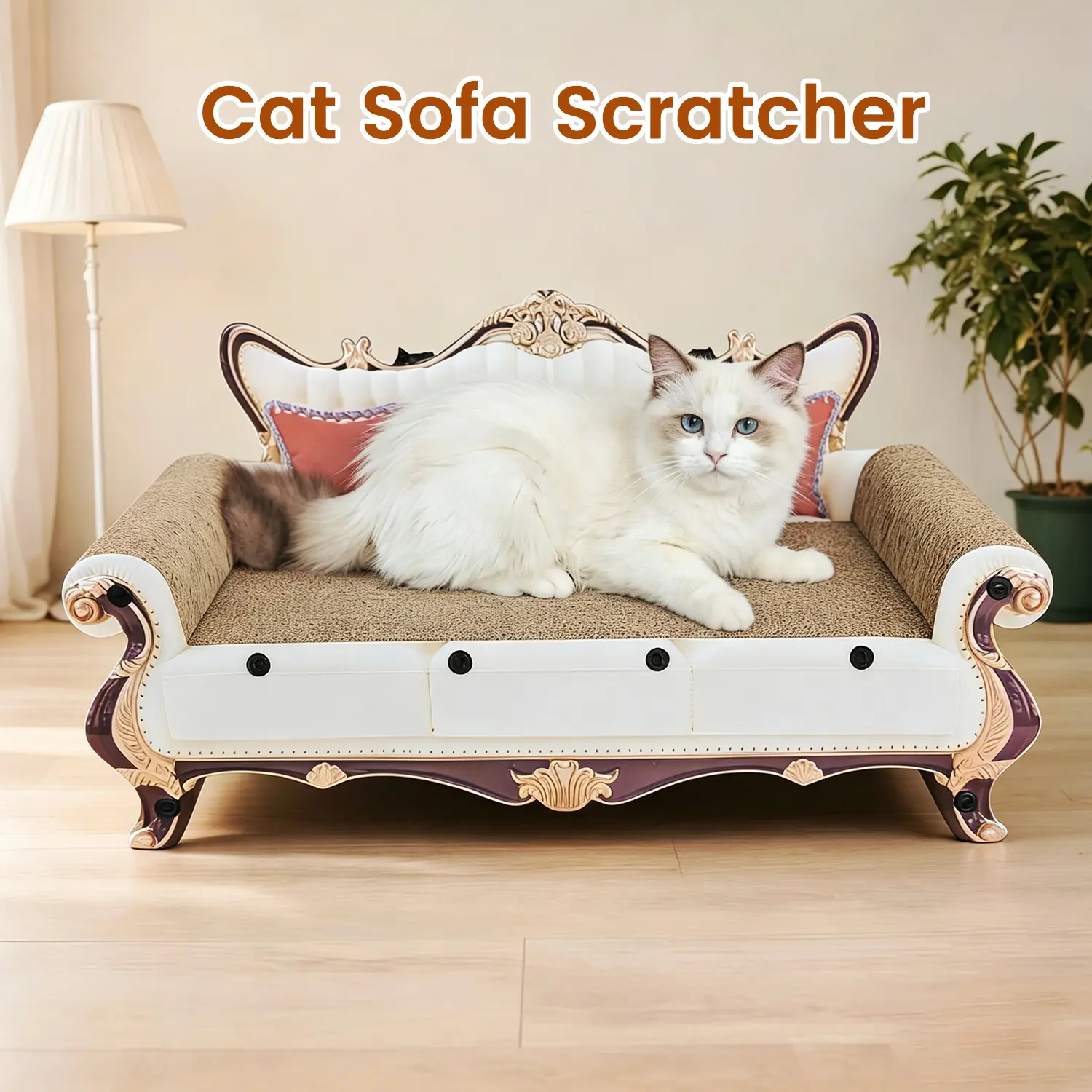 Vintage Classic Cardboard Cat Sofa Scratcher Bed - 2-in-1 Nap Lounge with Large Corrugated Scratch Area for Stretching, Protects Furniture