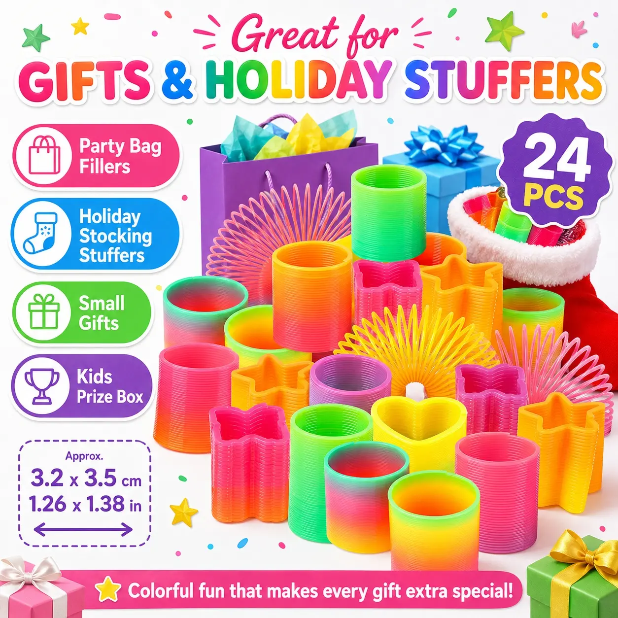24pcs Mini Rainbow Spring Ring Toy Set, Assorted Shape Slinky-Style Springs, 3.2 x 3.5 cm / 1.26 x 1.38 in, Elastic Fidget Toys, Finger Fidgets, Stress Relief Fidgets, Party Bag Fillers, Birthday Party Favors, Classroom Prizes, Stocking Stuffers for Kids