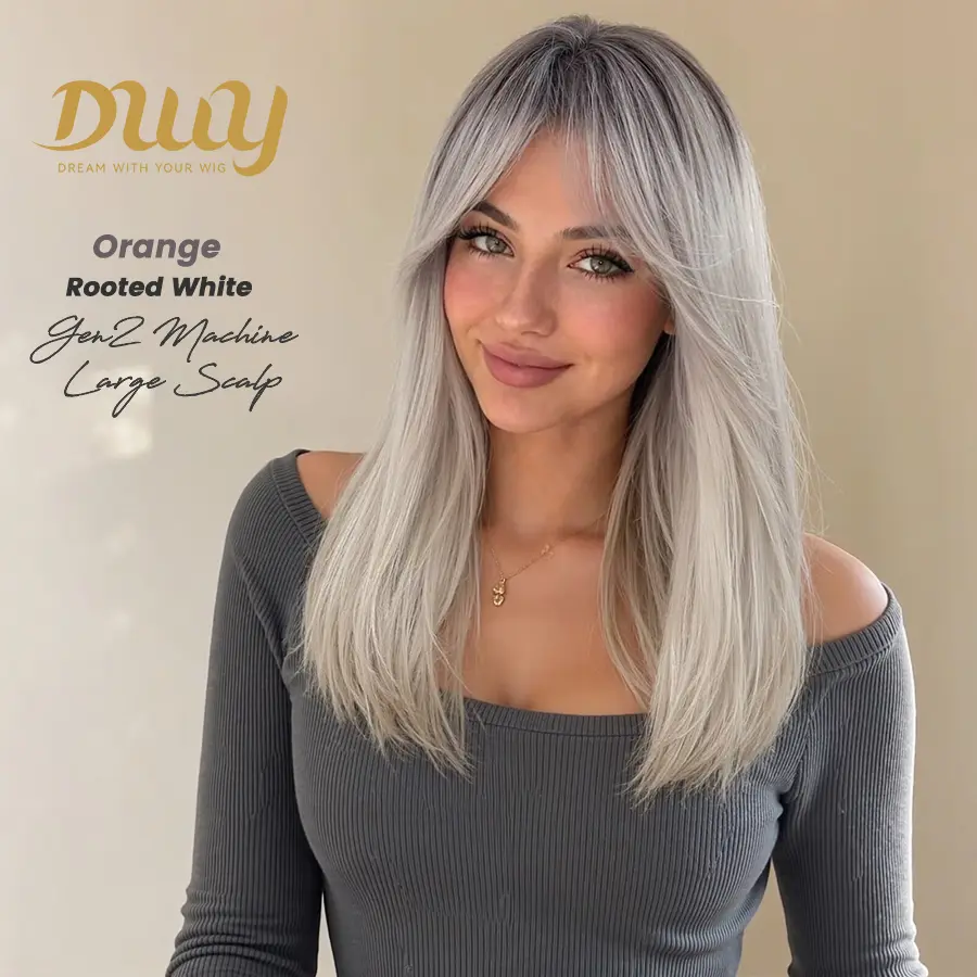 Orange -DWY【Gen 2 Large Realistic Scalp】Long-length Blonde Straight Layer-cuts with Bangs Glueless Synthetic Wig for Women 24 Inches Vibrant Orange Color & Sleek Layers