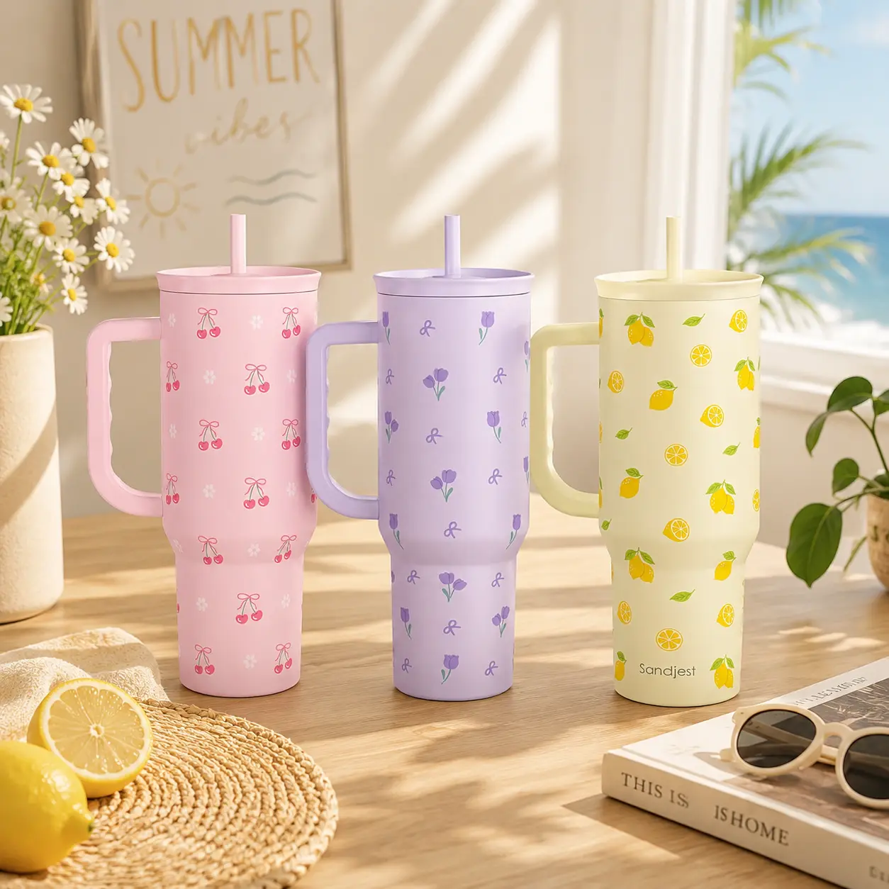 SANDJEST 40oz Wide Mouth Insulated Tumbler Flask - Stylish Kitchenware Drinkware with Handle, Straw, Easy-Cleaning, Cup Holder Friendly, Silicone Protective Base, Ideal for Travel, Back to School Shopping