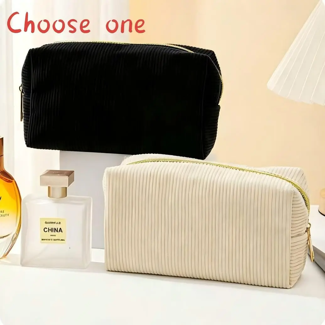 Solid Color Corduroy Makeup Bag - Large Capacity Travel Cosmetic Organizer, Travel Beauty Bag, Travel Makeup Bags Organizers, Soft with gold zipper, portable storage bag, black, suitable for travel and daily use