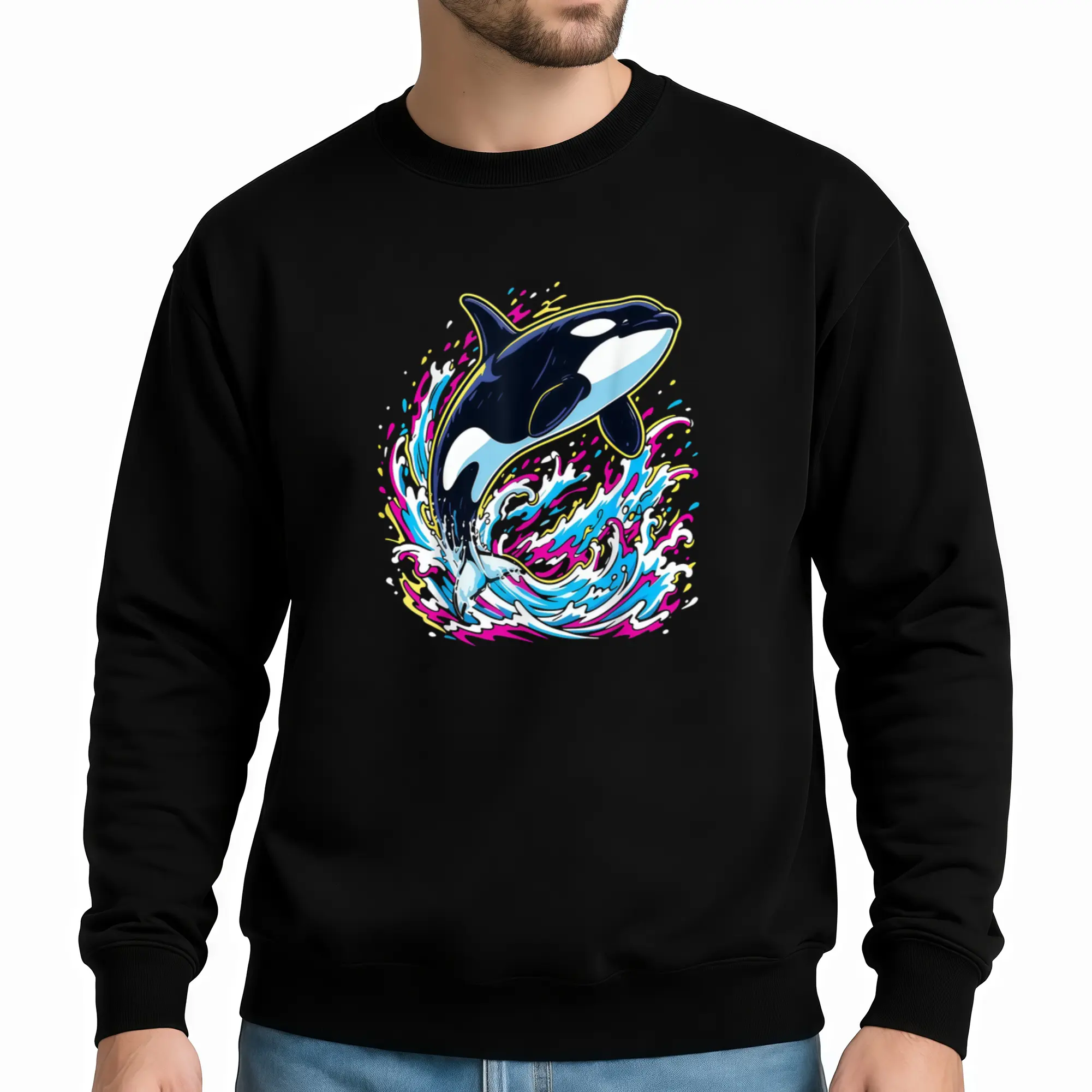 Men's Long Sleeve Sweatshirt Featuring Vibrant Orca Killer Whale Graphic – Casual Ocean Animal Style