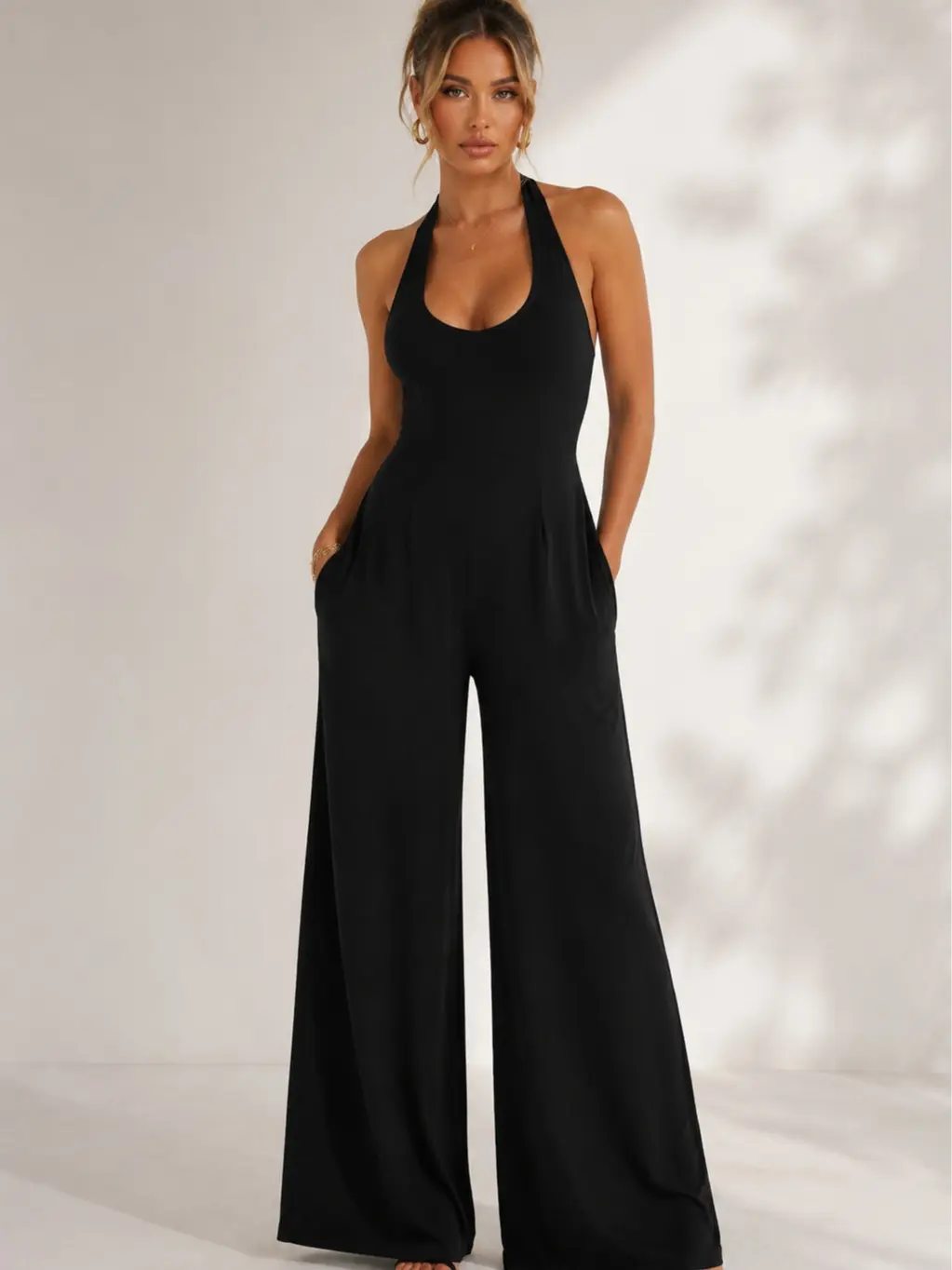Women's Elengatine Sexy Black Halter Polyester Overalls - Deep V-Neck Backless Wide Leg Romper, Sleeveless Slim Fit 1-Piece, Chic Baddie Style Elegance, Party & Club Wear Backless Design Jumpsuits & Rompers