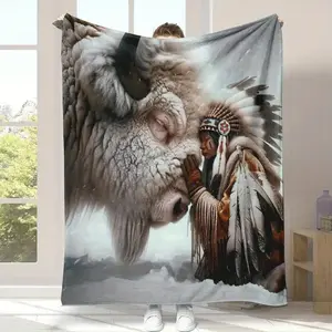 Geometric Pattern Buffalo and Native American Digital Print Flannel Blanket Soft and Comfortable All-Season Multi-Functional Sofa Bed Camping Blanket