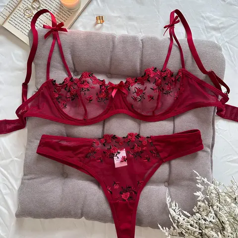 Women's 2-Piece Blush Pink Romantic Floral Embroidery Sheer Mesh Unique Lingerie Set - Underwire 3/4 Coverage Bra with Sweet Bow Straps, Thong Panty, New Year Special Occasion Wear Elegant Clothing
