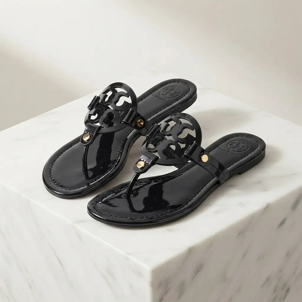 Women’s Glossy Flat Thong Footwear - Cutout Medallion T-Strap Slip-On Open Toe Casual Sandals for Summer Vacation