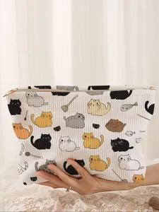 Cute Cat Print Corduroy Makeup Bag, Cartoon Style, Lightweight Multi-Functional Fashion Casual Cosmetic Pouch, Travel Organizer, Handheld Cosmetic Pouch, Travel Cosmetic Bags