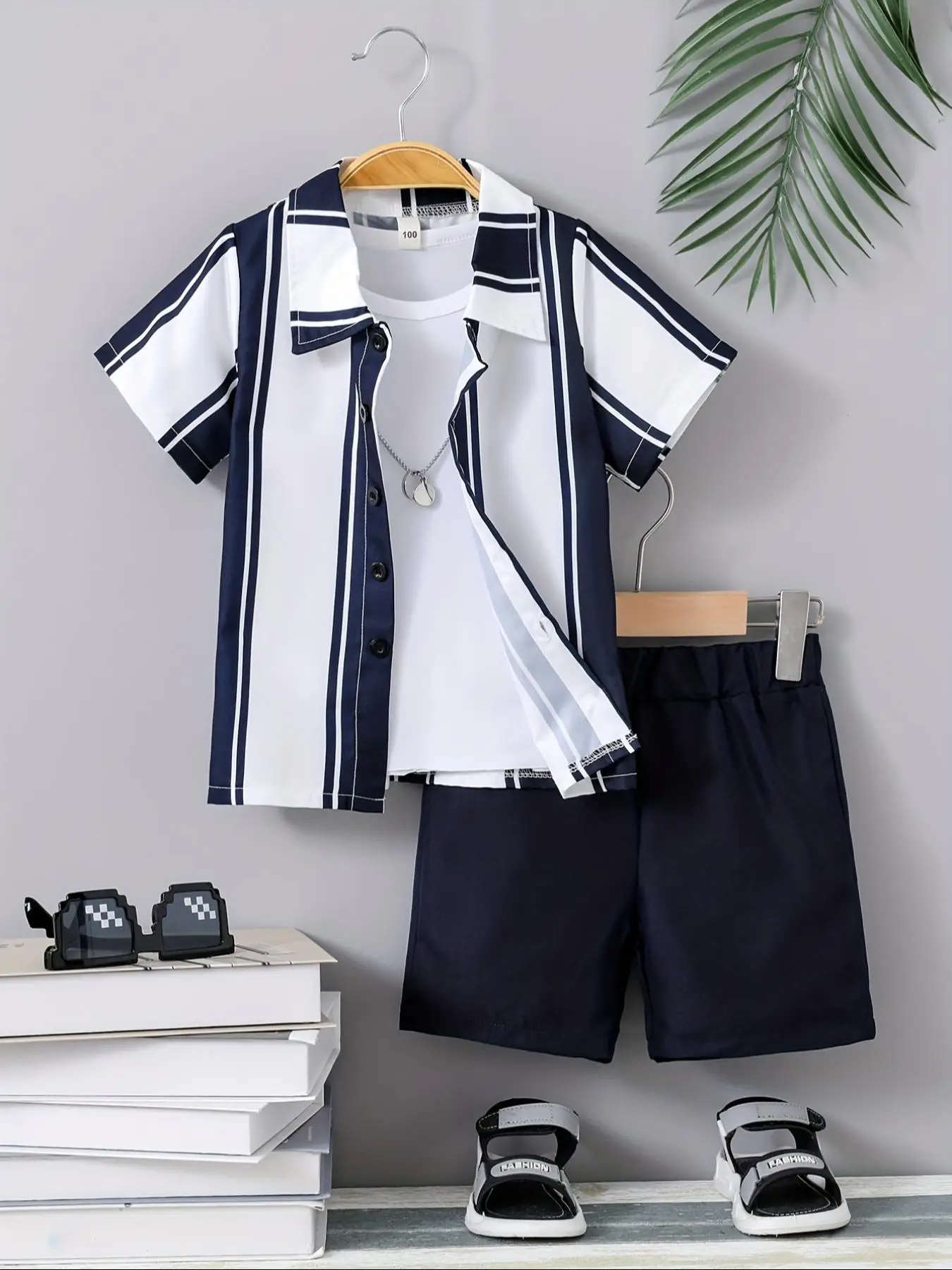 Two-piece Set Boy's Striped Print Short Sleeve Shirt & Shorts Set, Casual Summer Outfits Clothes for Kids, Kids Clothing for Daily Wear, Cute Clothes