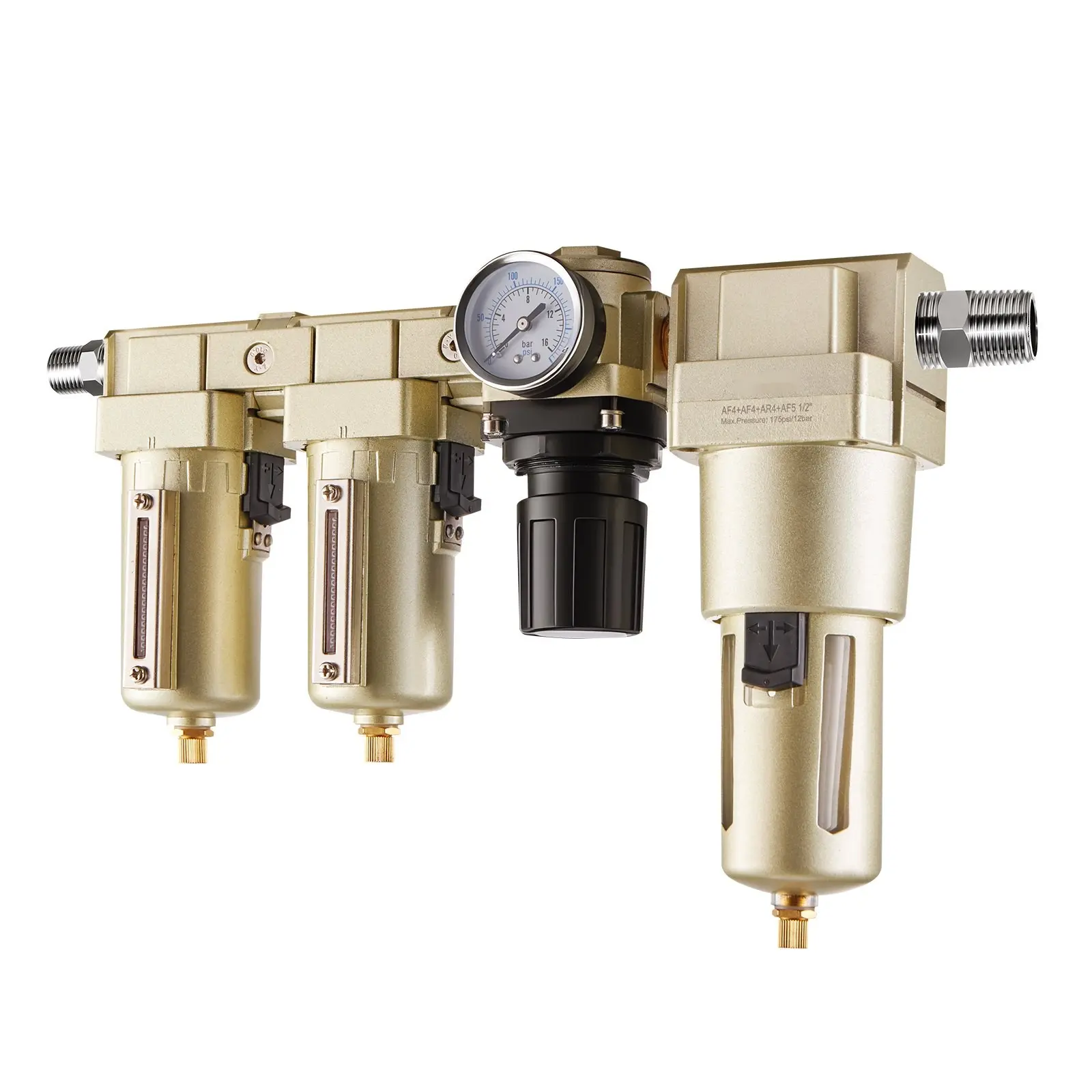 Air Compressor Filter Regulator Combo With 1/2 NPT, Three-Stage Filtration (25μm, 5μm, 0.3μm), Drying System With Micron Filters And Oil-Water Separator, Semi-Auto Drain, 175 PSI Max Working Pressure, Industrial Air Filtration