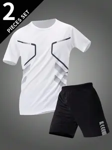 AESS 2pcs Set Men Summer Short Sleeve Outfit, Casual Sports Round Neck Tee + Shorts, Complete Set