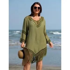 BLOOMCHIC Plus Size Hand Crocheted Fringe Hem Swim Cover-Up [M-6X] 2026 Summer Vibes Swimweek