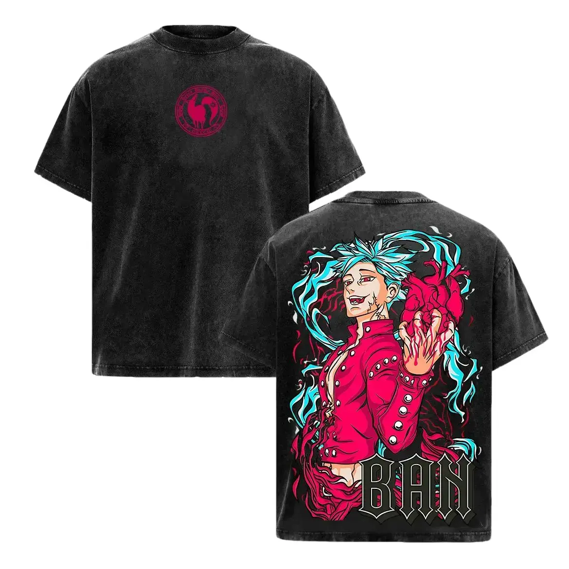 Vintage Washed Seven Deadly Sins Ban Double Sided Tee Fox Sin Symbol Red Heart Anime Graphic Oversized Black Acid Wash Streetwear Casual Tee Unisex Relaxed Fit Stylish Menswear