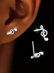 Pair, S925 Silver, Exquisite Creative Earrings, Versatile Musical Note Studs Suitable for Women's Daily Wear, Small and Cute, Hypoallergenic