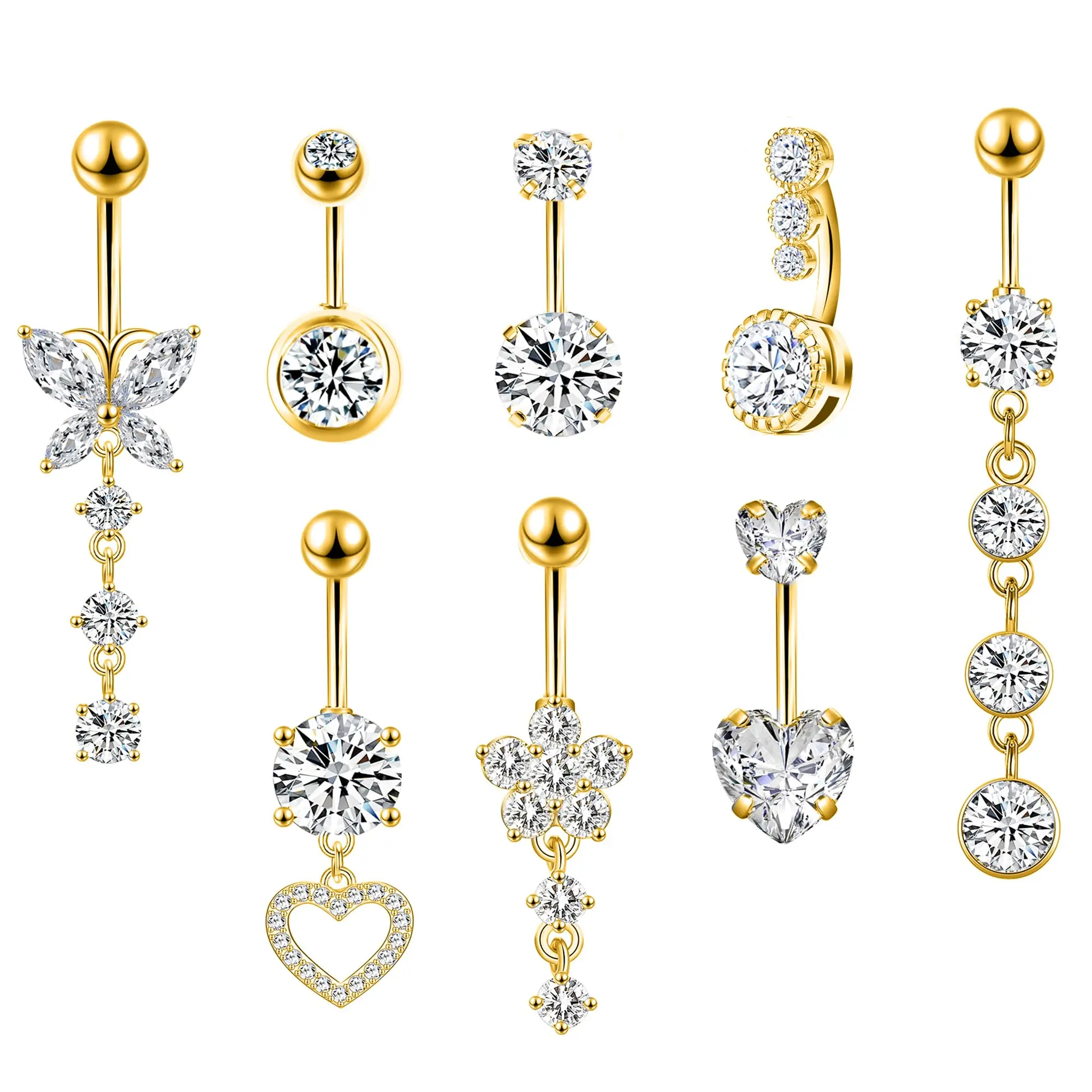 8 Piece Gold Surgical Steel Belly Button Rings, 14G Dangle Floral & Heart Body Jewelry Set for Women, 10mm Barbell Length