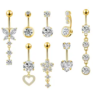 8 Pieces Gold Navel Ring Set – 14G Surgical Steel Belly Piercing Jewelry with Butterfly, Flower & Heart Dangle Belly Rings for Women and Girls