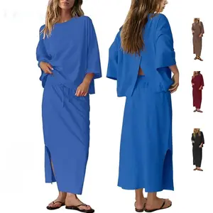 Ommig Women's 2-Piece Lounge Set, Stretchy Oversized 3/4 Sleeve Top & Maxi Skirt with Pockets & Slits, Spring Summer Women's Clothes for Vacation, 2 Piece Sets,summerwins
